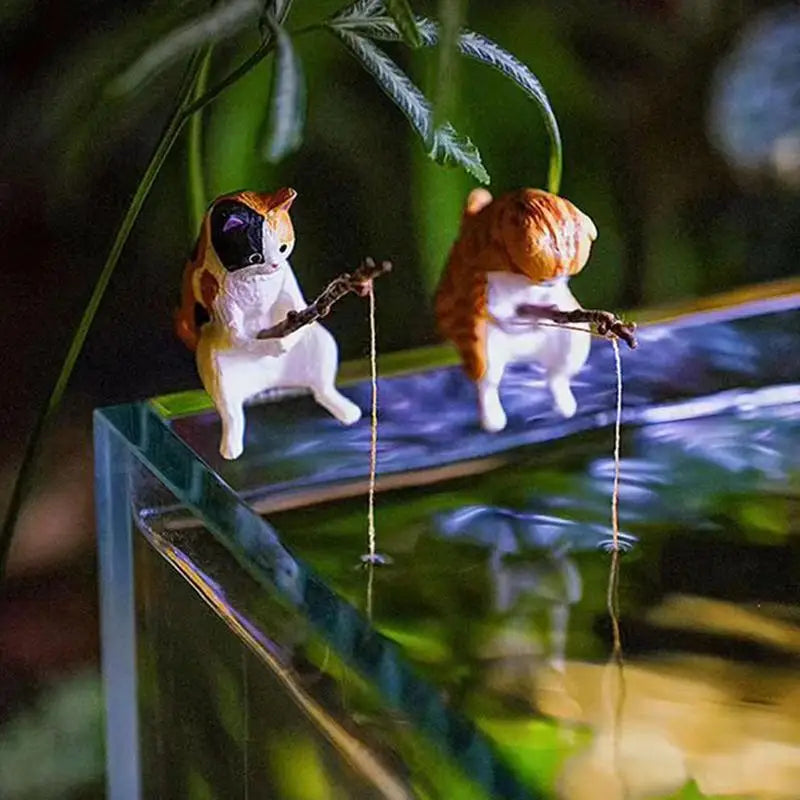 Cats Fishing Figurine Cat Sculpture Sitting Fishing Little Cute Cat Resin Ornament Decorative Furnishings For Aquarium Home