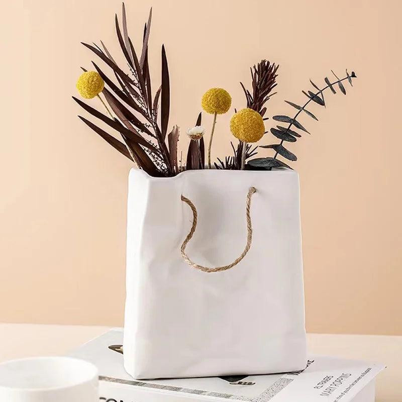 Ceramic Handbag Vase Shopping Basket Dried Artificial Flower Vases Bag Arrangement Ornaments Table Nordic Decoration