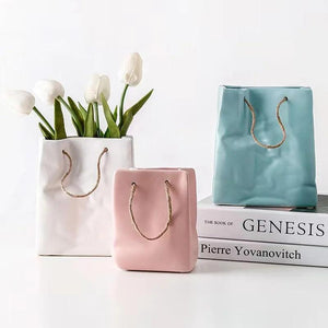 Ceramic Handbag Vase Shopping Basket Dried Artificial Flower Vases Bag Arrangement Ornaments Table Nordic Decoration