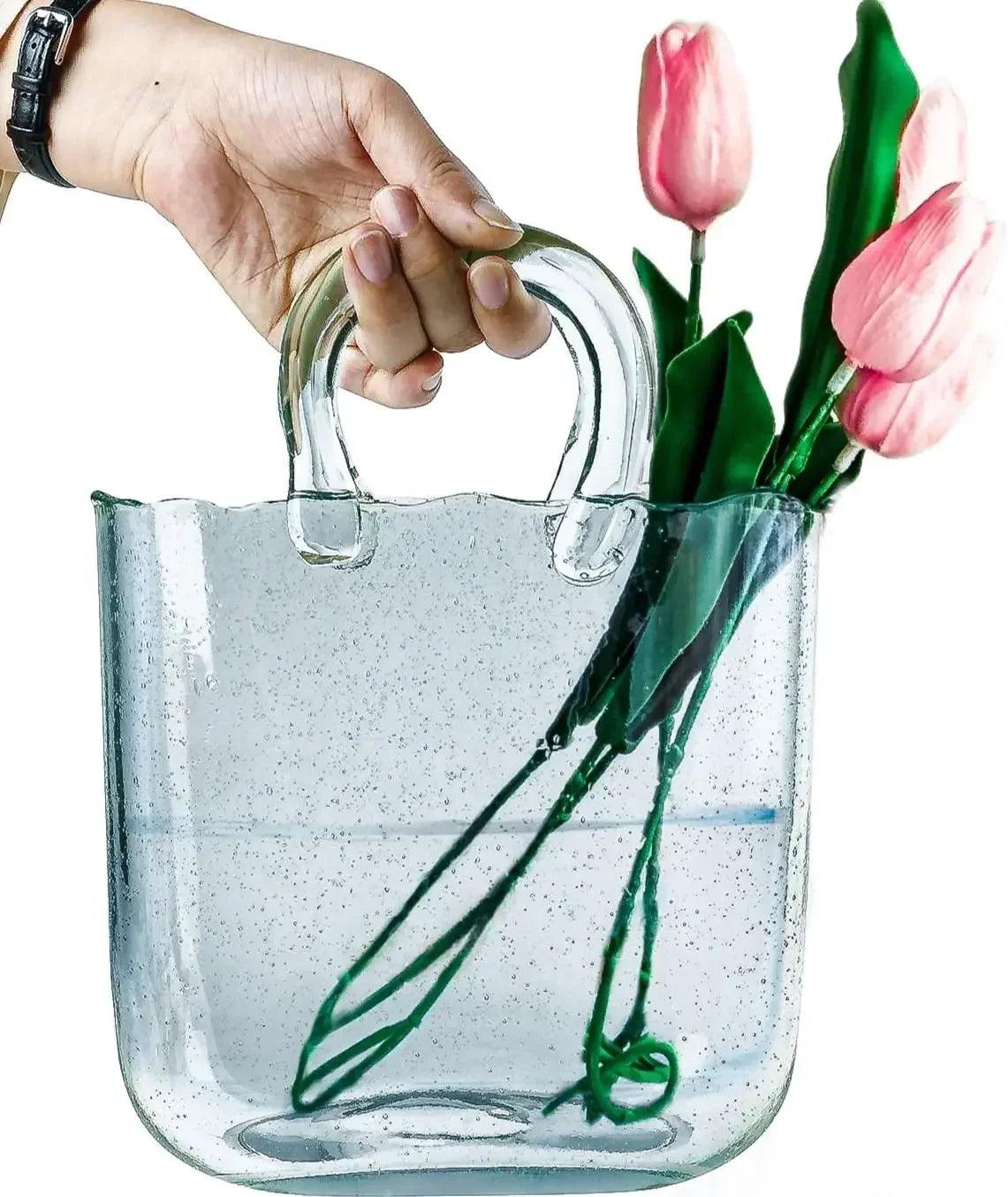 Clear Glass Bag vase Clear Cool & Cute vase for centerpieces Fish Bowl Handbag Unique Flower vase Decorative