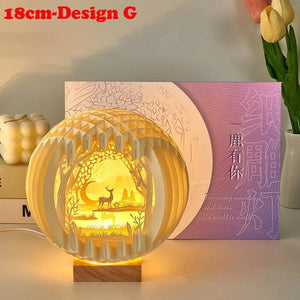 Creative 3D Stereoscopic Led Paper Carving Lamp with Wood Base Cartoon Atmosphere Bedside Decor Art Night Light Friend's Gift