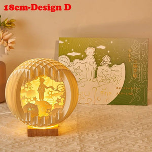 Creative 3D Stereoscopic Led Paper Carving Lamp with Wood Base Cartoon Atmosphere Bedside Decor Art Night Light Friend's Gift