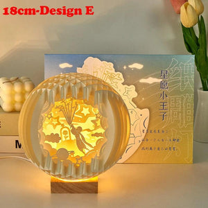 Creative 3D Stereoscopic Led Paper Carving Lamp with Wood Base Cartoon Atmosphere Bedside Decor Art Night Light Friend's Gift