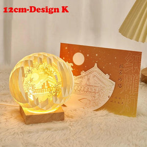 Creative 3D Stereoscopic Led Paper Carving Lamp with Wood Base Cartoon Atmosphere Bedside Decor Art Night Light Friend's Gift