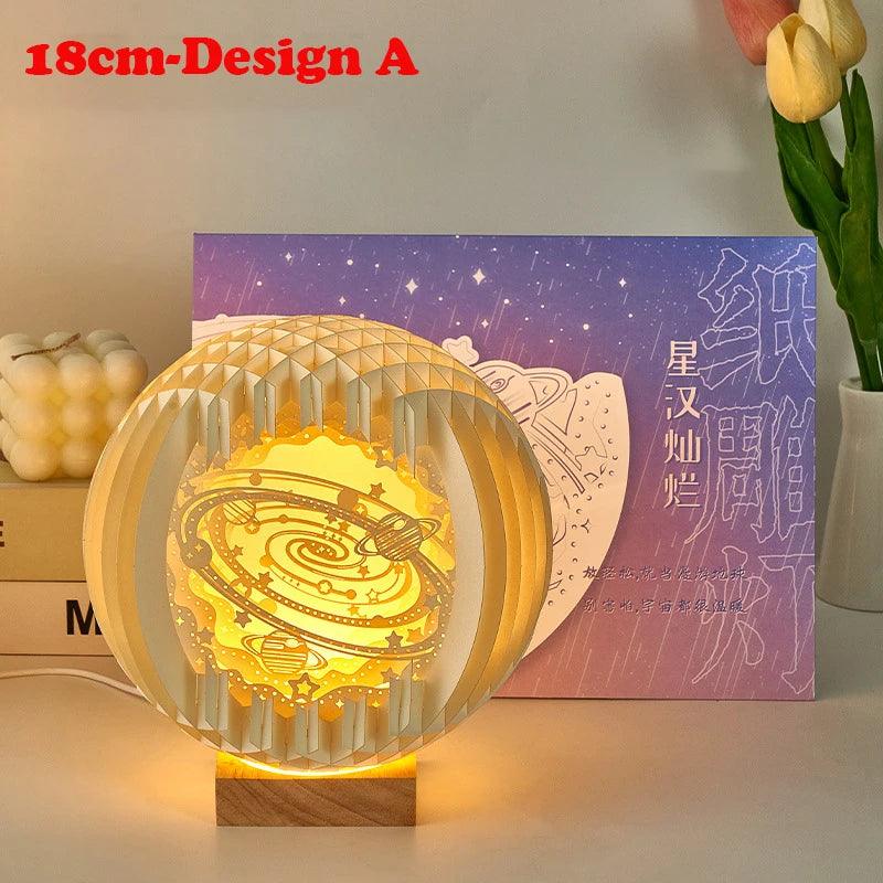 Creative 3D Stereoscopic Led Paper Carving Lamp with Wood Base Cartoon Atmosphere Bedside Decor Art Night Light Friend's Gift