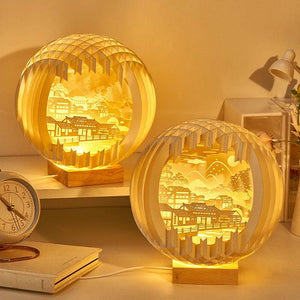 Creative 3D Stereoscopic Led Paper Carving Lamp with Wood Base Cartoon Atmosphere Bedside Decor Art Night Light Friend's Gift