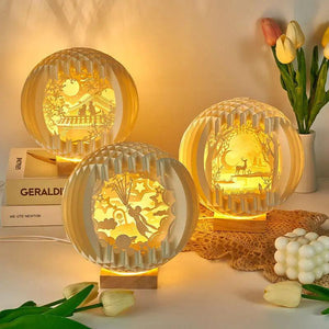 Creative 3D Stereoscopic Led Paper Carving Lamp with Wood Base Cartoon Atmosphere Bedside Decor Art Night Light Friend's Gift