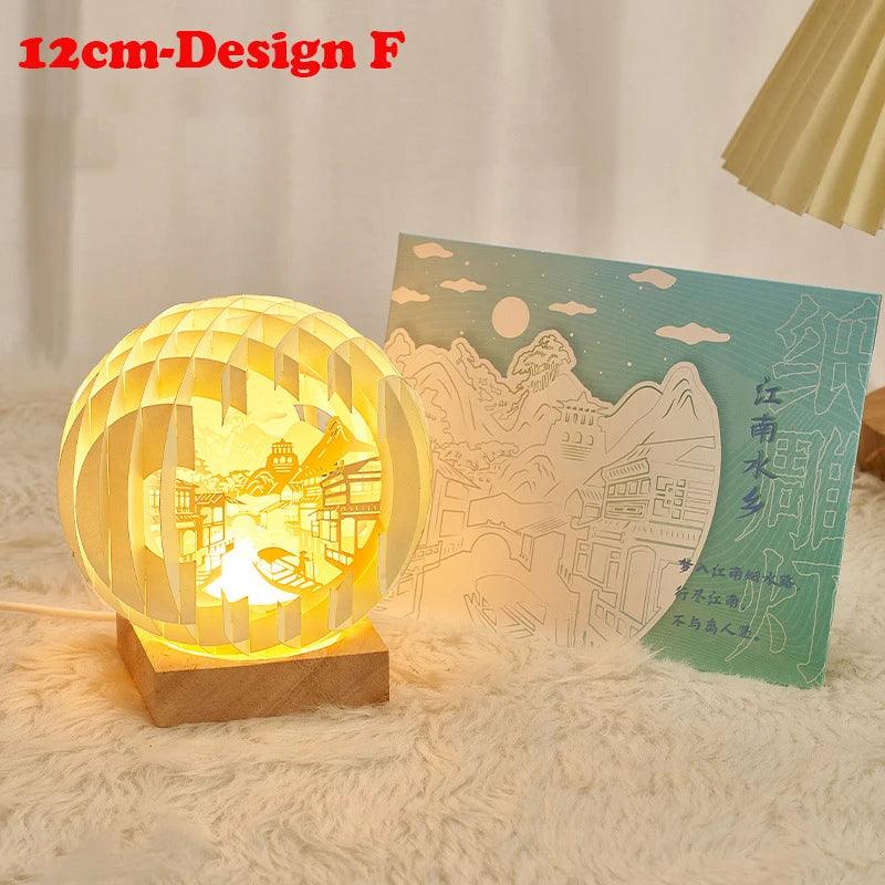 Creative 3D Stereoscopic Led Paper Carving Lamp with Wood Base Cartoon Atmosphere Bedside Decor Art Night Light Friend's Gift