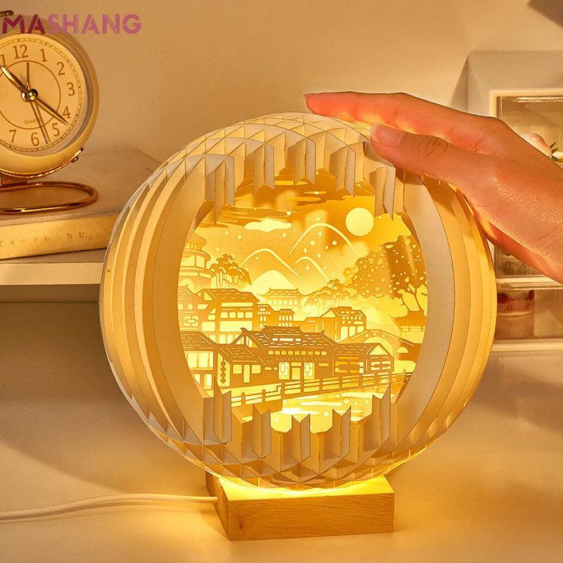 Creative 3D Stereoscopic Led Paper Carving Lamp with Wood Base Cartoon Atmosphere Bedside Decor Art Night Light Friend's Gift