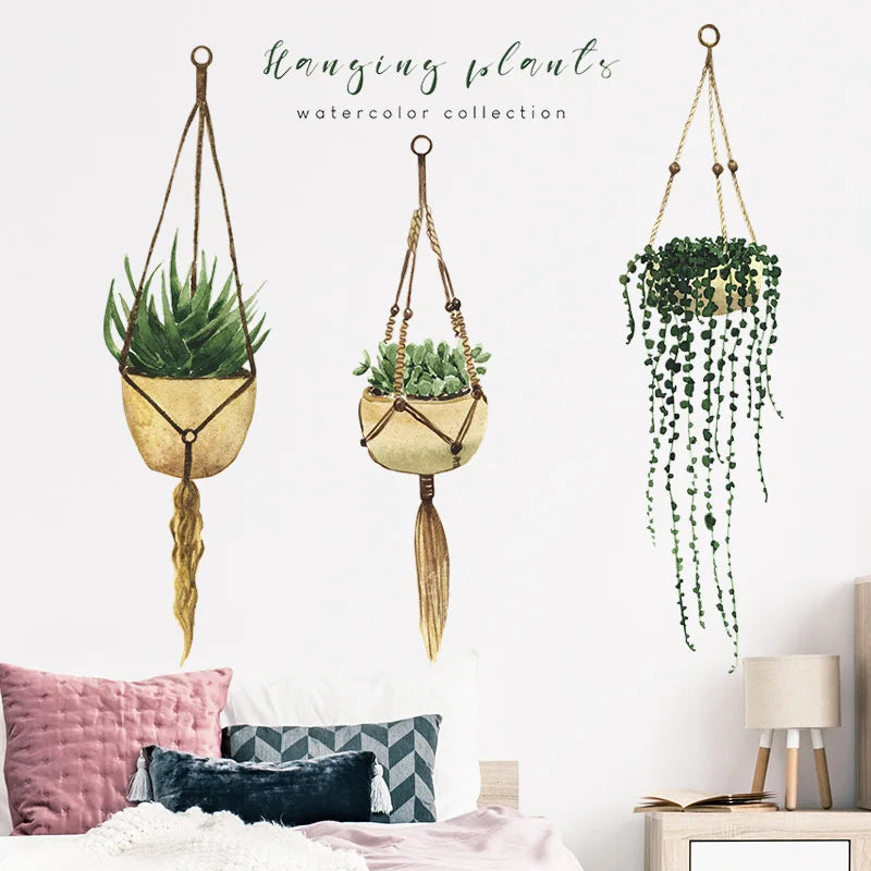 Creative Hanging Basket Potted Tropical Succulent Plants Wall Stickers Living Room Bedroom Wall Art Decals Home Decoration