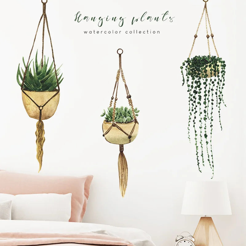 Creative Hanging Basket Potted Tropical Succulent Plants Wall Stickers Living Room Bedroom Wall Art Decals Home Decoration