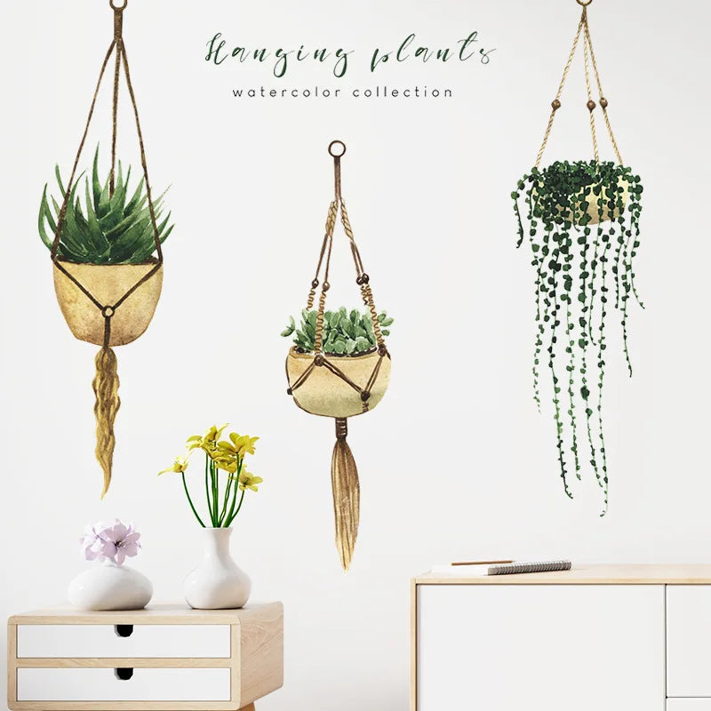 Creative Hanging Basket Potted Tropical Succulent Plants Wall Stickers Living Room Bedroom Wall Art Decals Home Decoration