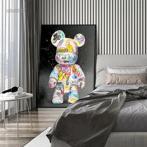 Cute Bear Graffiti Canvas Painting Cartoon Character Pop Art Posters Prints Street Wall Art Picture for Home Kawaii Room Decor