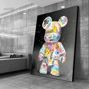 Cute Bear Graffiti Canvas Painting Cartoon Character Pop Art Posters Prints Street Wall Art Picture for Home Kawaii Room Decor