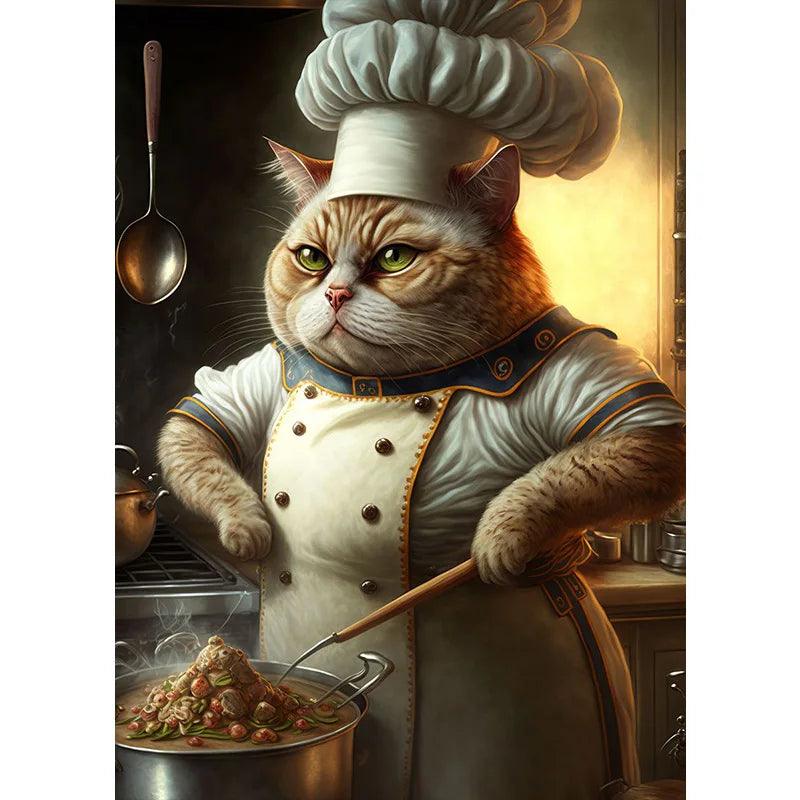 Cute Chef Cat Painting Print Canvas Poster Funny Animal Cooking Picture Abstract Wall Art Kitchen Dining Room Home Decor Cuadros