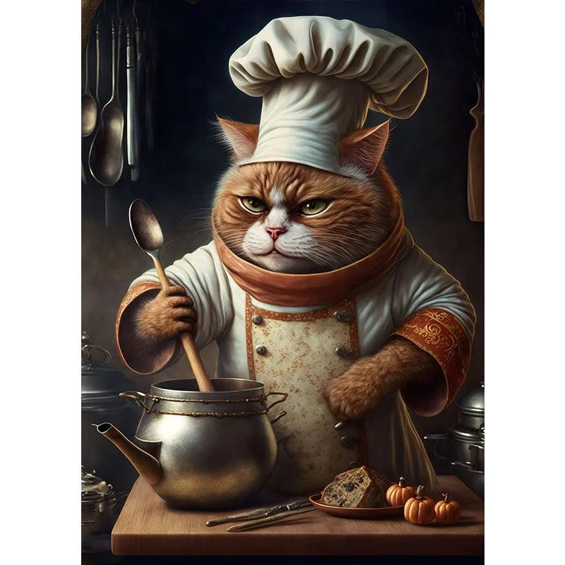 Cute Chef Cat Painting Print Canvas Poster Funny Animal Cooking Picture Abstract Wall Art Kitchen Dining Room Home Decor Cuadros