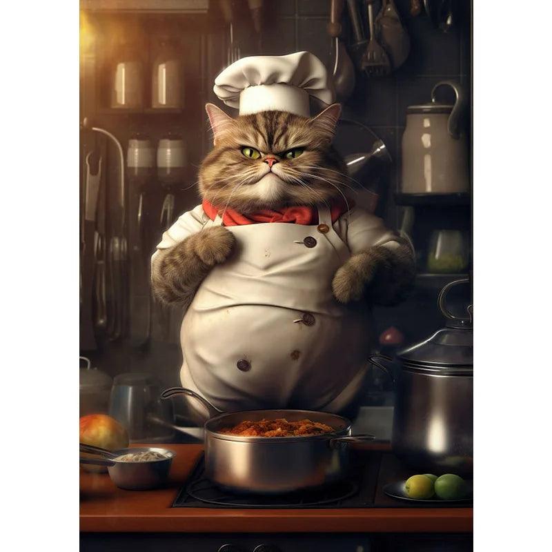 Cute Chef Cat Painting Print Canvas Poster Funny Animal Cooking Picture Abstract Wall Art Kitchen Dining Room Home Decor Cuadros