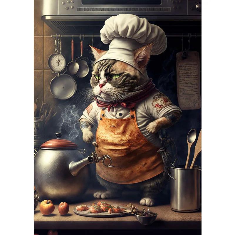 Cute Chef Cat Painting Print Canvas Poster Funny Animal Cooking Picture Abstract Wall Art Kitchen Dining Room Home Decor Cuadros