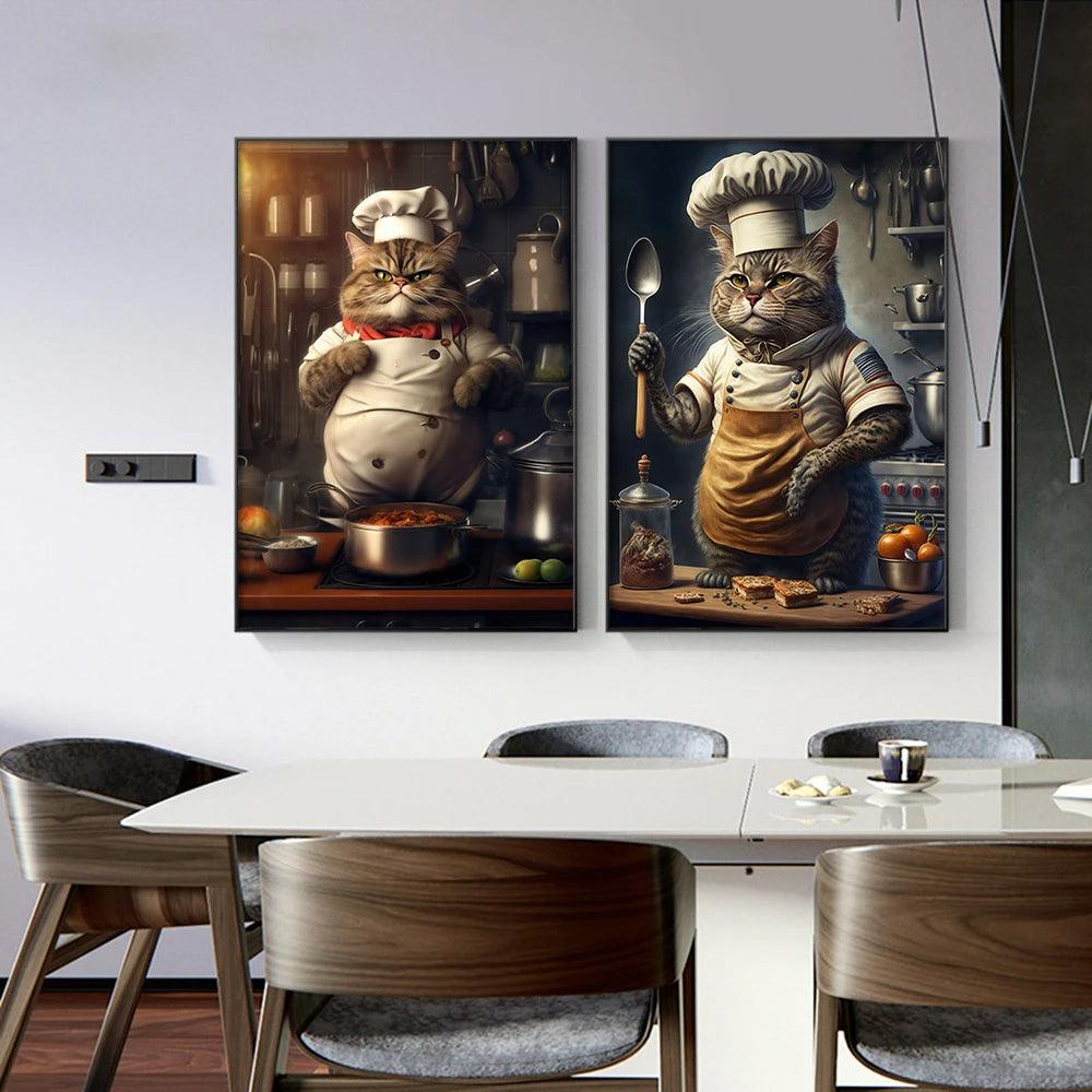 Cute Chef Cat Painting Print Canvas Poster Funny Animal Cooking Picture Abstract Wall Art Kitchen Dining Room Home Decor Cuadros