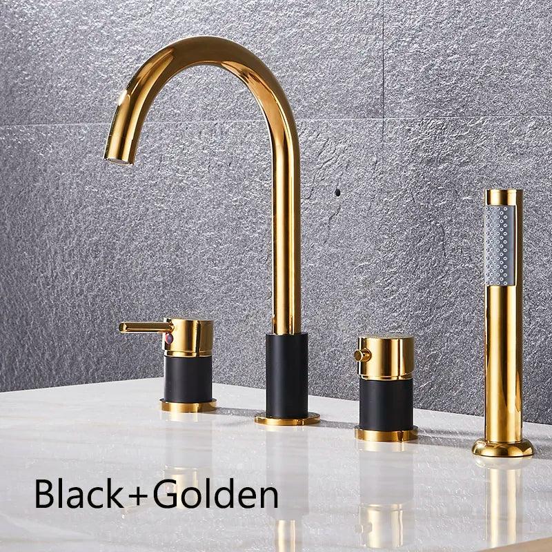 Deck Mount Bathroom Bathtub Faucet Set with Handheld Shower Tub Faucet Hot and Cold Water Mixer Bath Faucet Gold Bathtub Tap