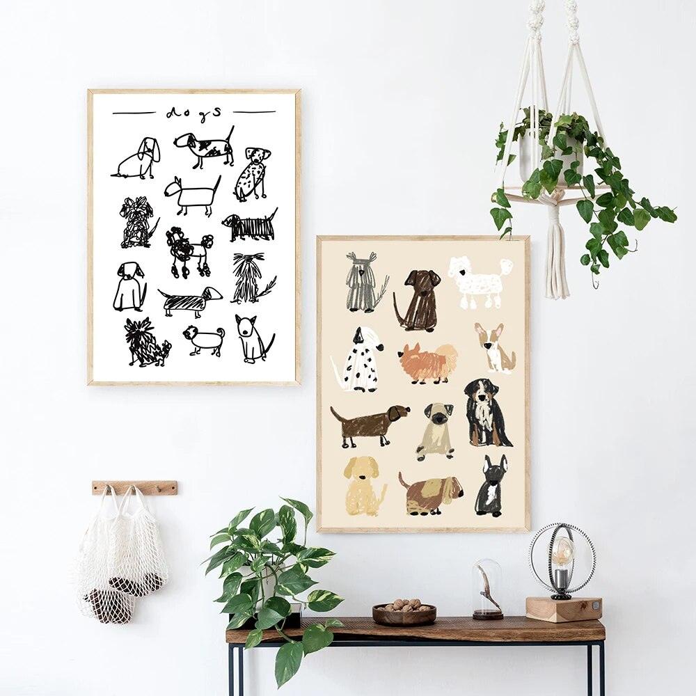 Dogs Black and White Print Animal Dogs Breed Drawing Wall Art Kids Room Decoration Dog Lover Gift Poster Picture Canvas Painting