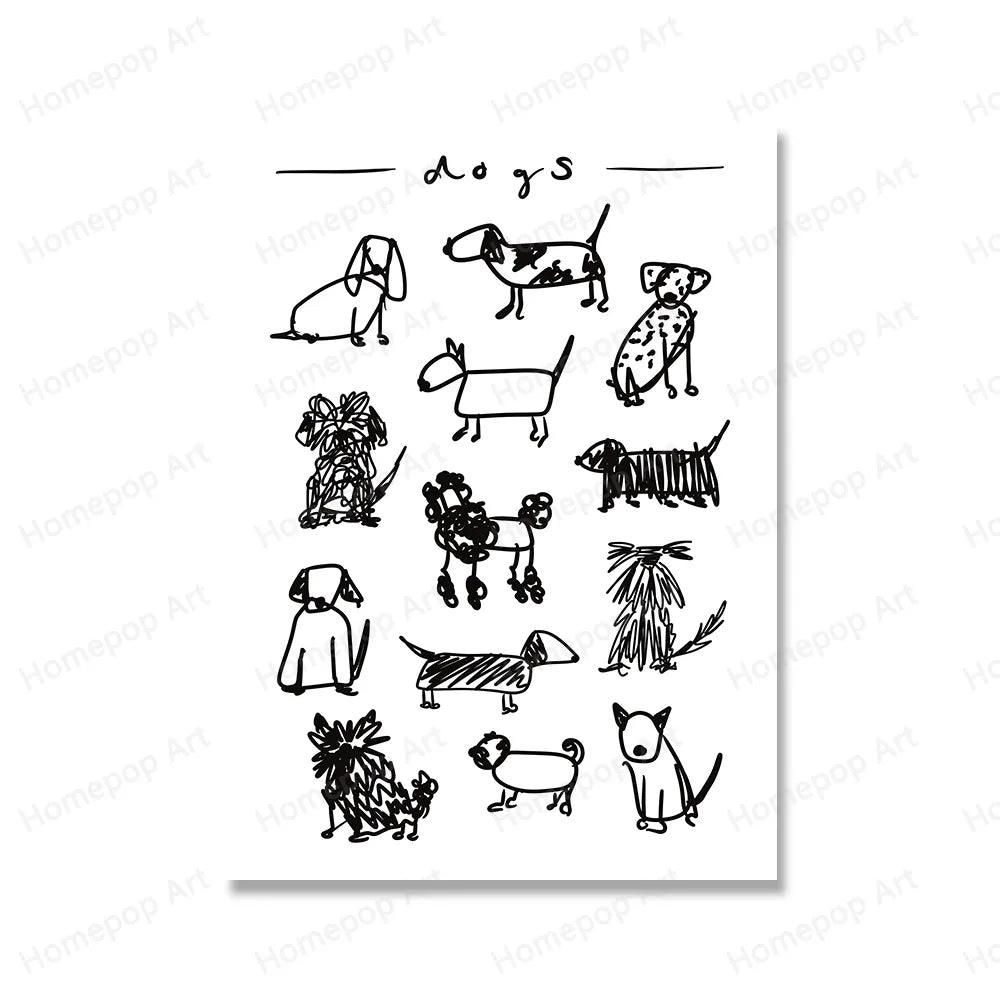 Dogs Black and White Print Animal Dogs Breed Drawing Wall Art Kids Room Decoration Dog Lover Gift Poster Picture Canvas Painting