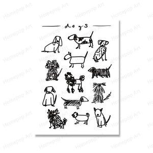 Dogs Black and White Print Animal Dogs Breed Drawing Wall Art Kids Room Decoration Dog Lover Gift Poster Picture Canvas Painting