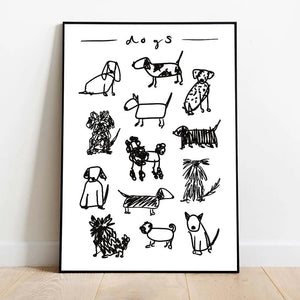 Dogs Black and White Print Animal Dogs Breed Drawing Wall Art Kids Room Decoration Dog Lover Gift Poster Picture Canvas Painting