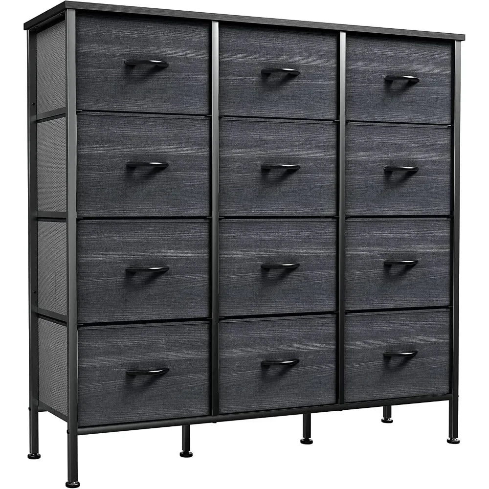 Dresser with 12 Drawers for Bedroom Furniture Storage Tower Cabinet Sturdy Steel Frame,Wooden Top Fabric Bins (Black Wood Grain)