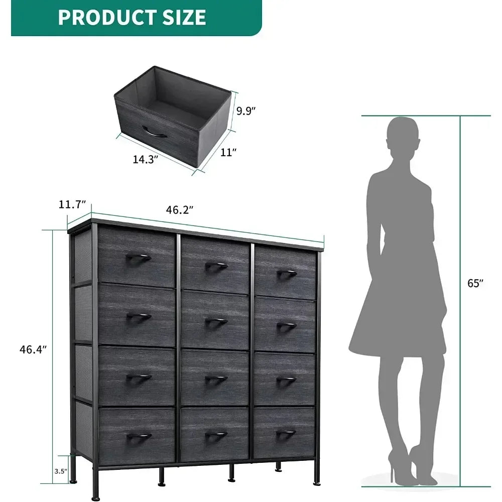 Dresser with 12 Drawers for Bedroom Furniture Storage Tower Cabinet Sturdy Steel Frame,Wooden Top Fabric Bins (Black Wood Grain)