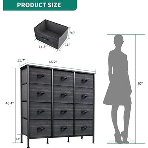 Dresser with 12 Drawers for Bedroom Furniture Storage Tower Cabinet Sturdy Steel Frame,Wooden Top Fabric Bins (Black Wood Grain)