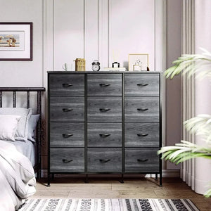 Dresser with 12 Drawers for Bedroom Furniture Storage Tower Cabinet Sturdy Steel Frame,Wooden Top Fabric Bins (Black Wood Grain)