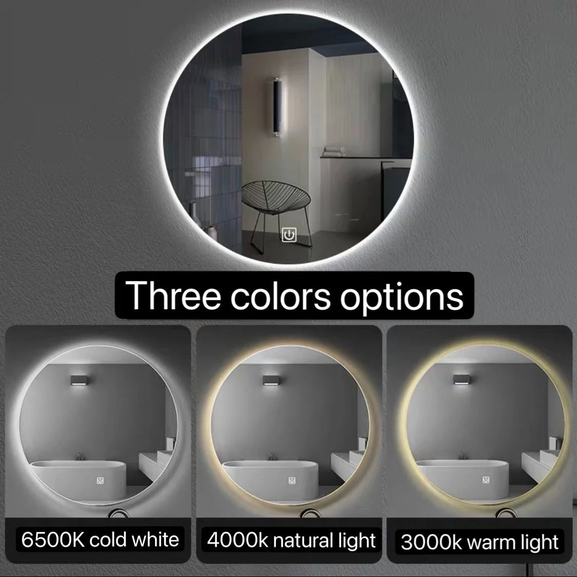 Easy use waterproof frameless led round mirror bath mirror with lights touch screen sensor mirror light bathroom