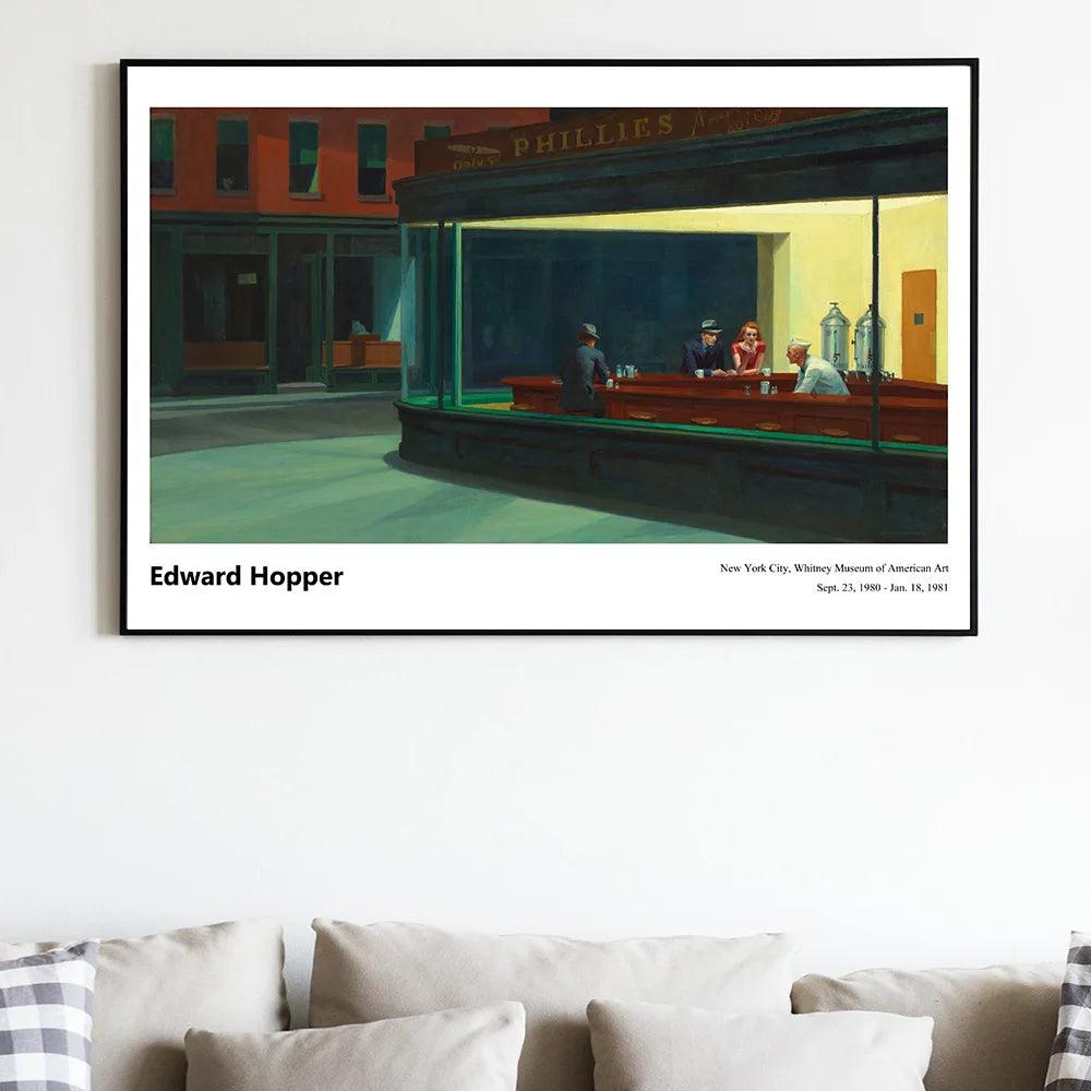 Edward Hopper Exhibition Poster Famous Painting Nighthawks Canvas Print American Realism Art Living Room Home Wall Decor Cuadros