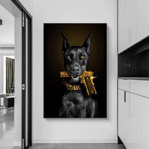 Fashion Black Doberman Dog Lion With A Pistol Poster Canvas Painting Luxury Animal Wall Art Picture For Living Room Home Decor