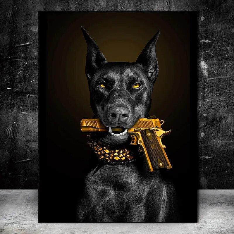 Fashion Black Doberman Dog Lion With A Pistol Poster Canvas Painting Luxury Animal Wall Art Picture For Living Room Home Decor