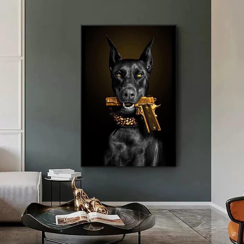 Fashion Black Doberman Dog Lion With A Pistol Poster Canvas Painting Luxury Animal Wall Art Picture For Living Room Home Decor