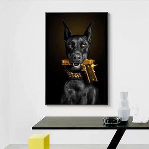 Fashion Black Doberman Dog Lion With A Pistol Poster Canvas Painting Luxury Animal Wall Art Picture For Living Room Home Decor