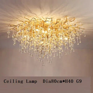 French golden LED crystal ceiling chandelier modern aluminum alloy branch drop chandelier indoor living room luxury lighting