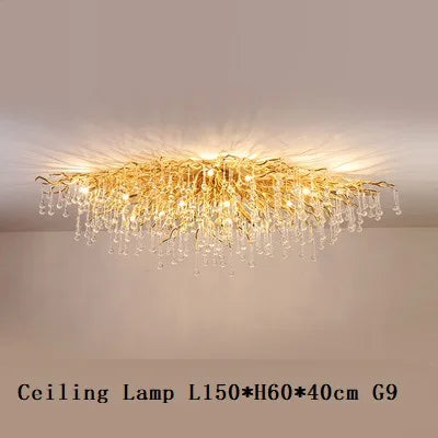 French golden LED crystal ceiling chandelier modern aluminum alloy branch drop chandelier indoor living room luxury lighting