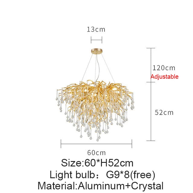 French golden LED crystal ceiling chandelier modern aluminum alloy branch drop chandelier indoor living room luxury lighting