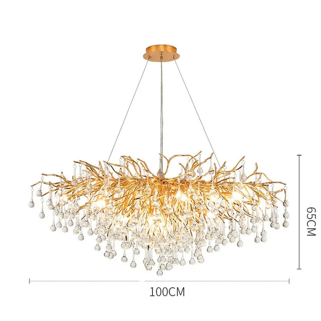 French golden LED crystal ceiling chandelier modern aluminum alloy branch drop chandelier indoor living room luxury lighting