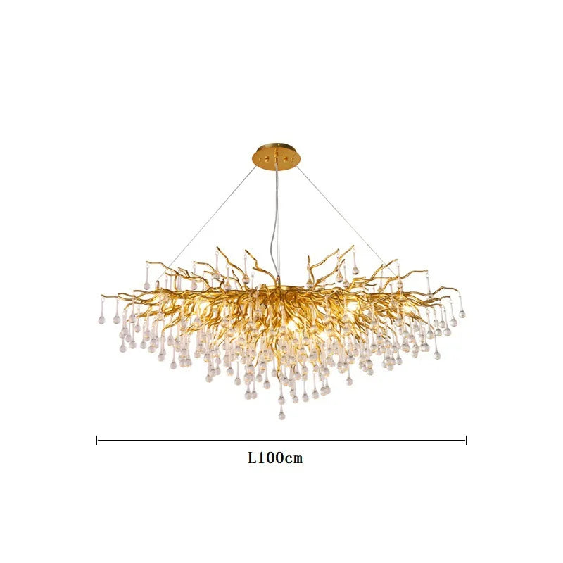 French golden LED crystal ceiling chandelier modern aluminum alloy branch drop chandelier indoor living room luxury lighting