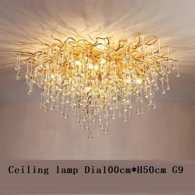 French golden LED crystal ceiling chandelier modern aluminum alloy branch drop chandelier indoor living room luxury lighting