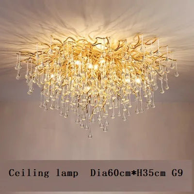 French golden LED crystal ceiling chandelier modern aluminum alloy branch drop chandelier indoor living room luxury lighting