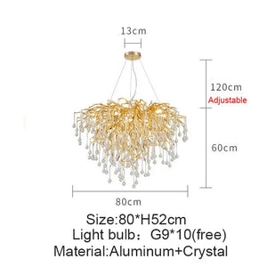 French golden LED crystal ceiling chandelier modern aluminum alloy branch drop chandelier indoor living room luxury lighting