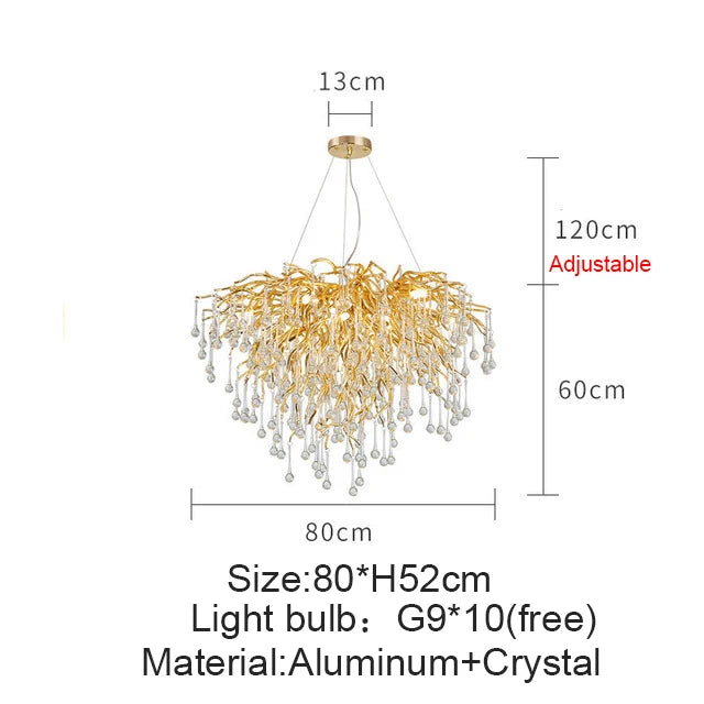 French golden LED crystal ceiling chandelier modern aluminum alloy branch drop chandelier indoor living room luxury lighting