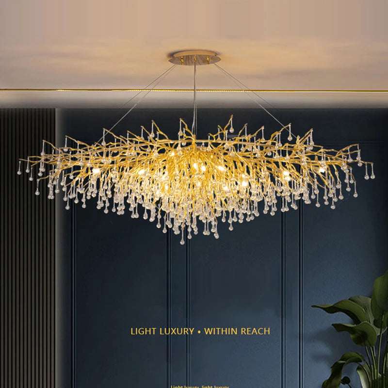 French golden LED crystal ceiling chandelier modern aluminum alloy branch drop chandelier indoor living room luxury lighting