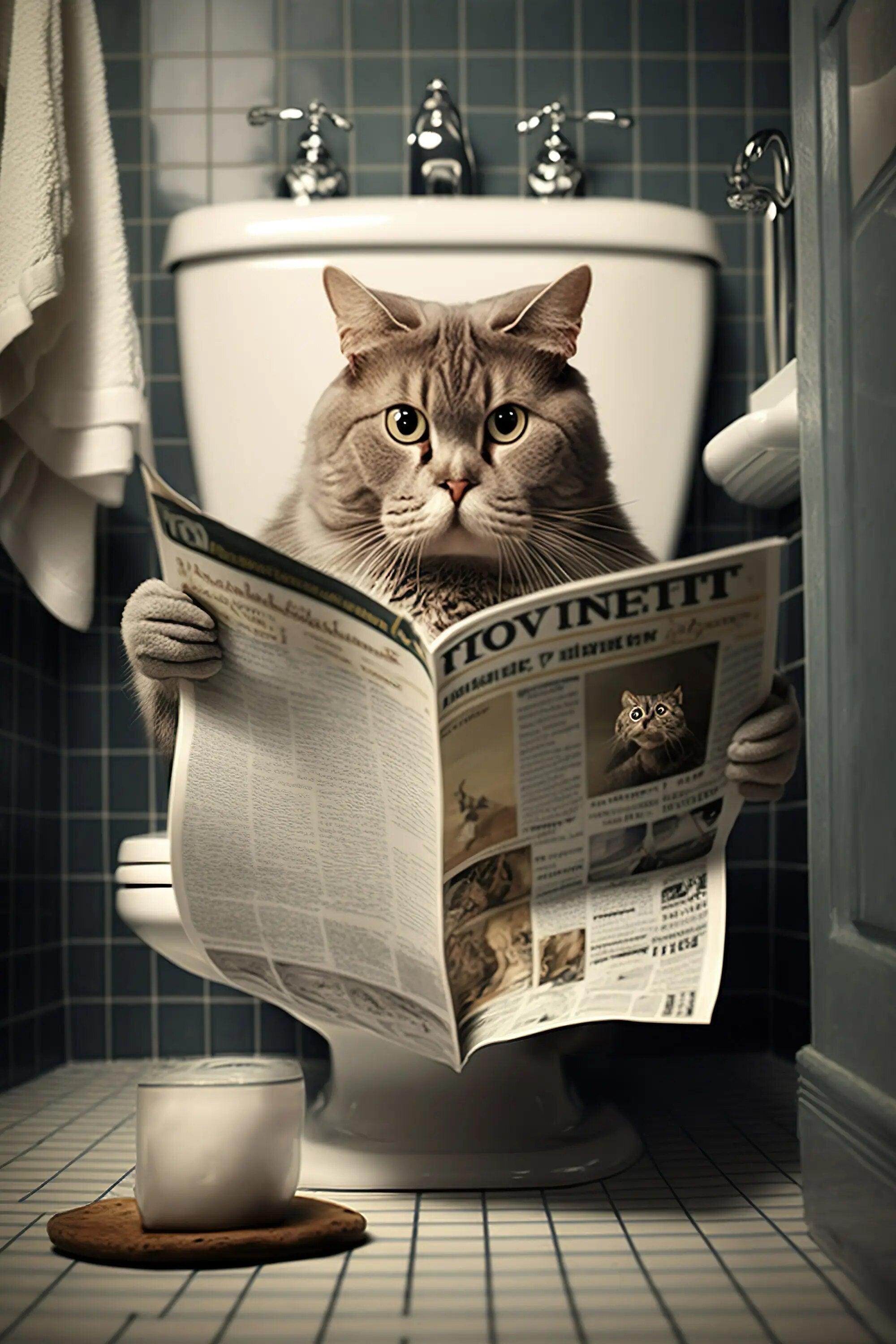 Funny Bathroom Humorous Animal Wall Decor Bear Dog Tiger Sitting on Toilet Reading Newspaper Poster Art Print Canvas Painting