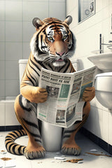 Funny Bathroom Humorous Animal Wall Decor Bear Dog Tiger Sitting on Toilet Reading Newspaper Poster Art Print Canvas Painting